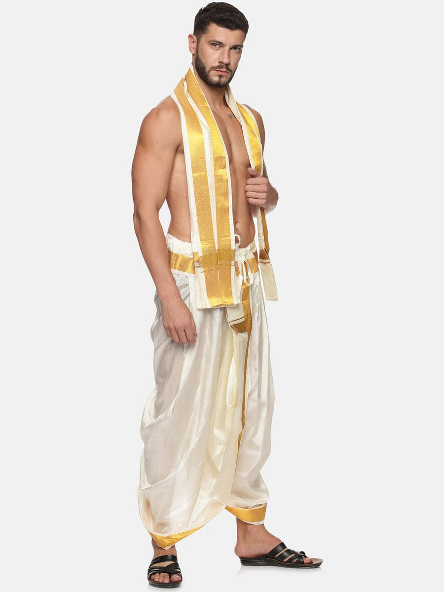 Men Cream Colour Art Silk Dhoti Angavastram Combo Set