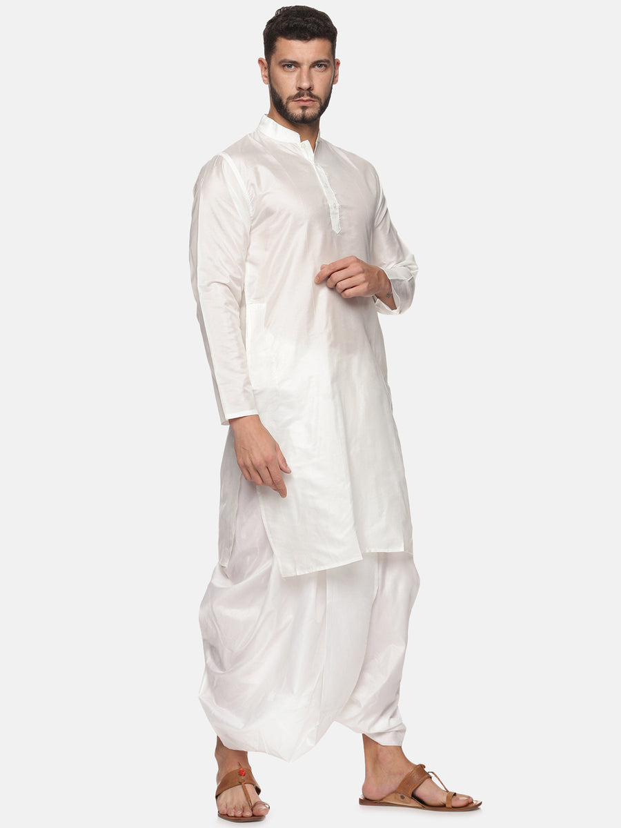 Men White Colour Art Silk Kurta Dhoti Pant Set.