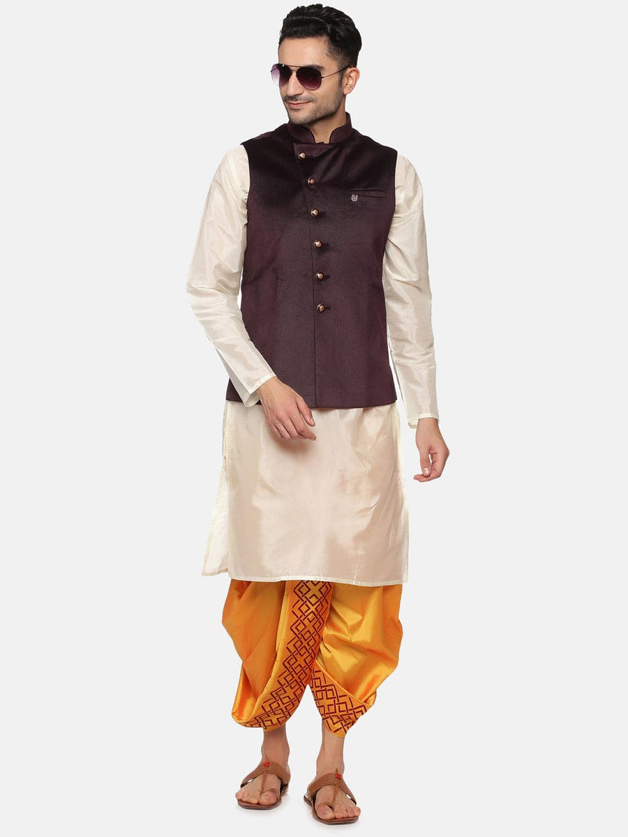 Men Yellow Colour Art Silk Kurta Dhoti Pant Set