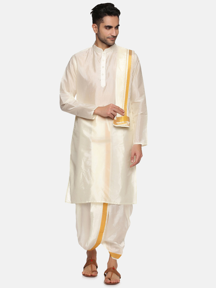 Men Cream Colour Art Silk Kurta Dhoti Pant Set