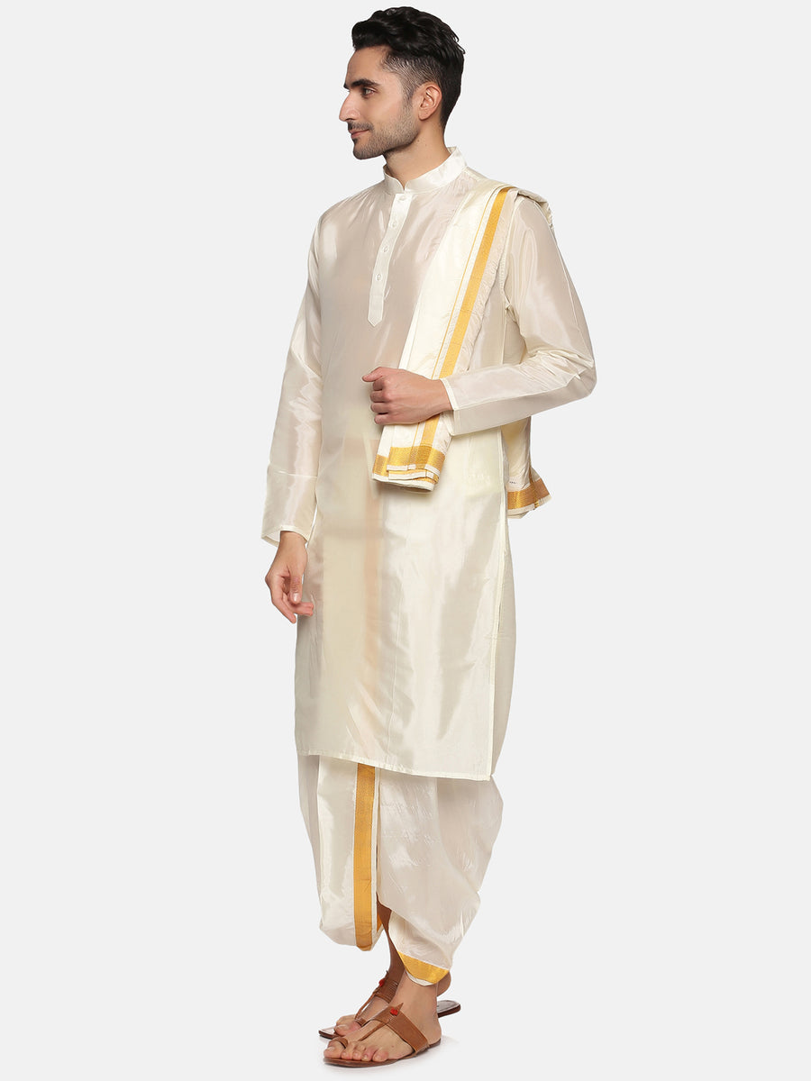 Men Cream Colour Art Silk Kurta Dhoti Pant Set.