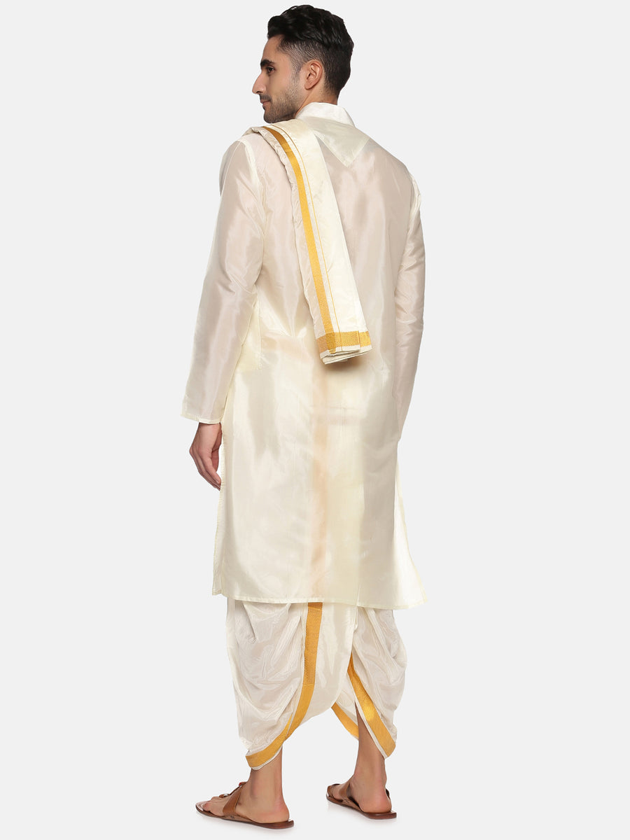 Men Cream Colour Art Silk Kurta Dhoti Pant Set.