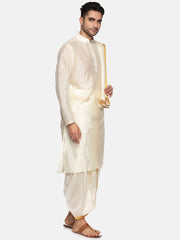 Men Cream Colour Art Silk Kurta Dhoti Pant Set.