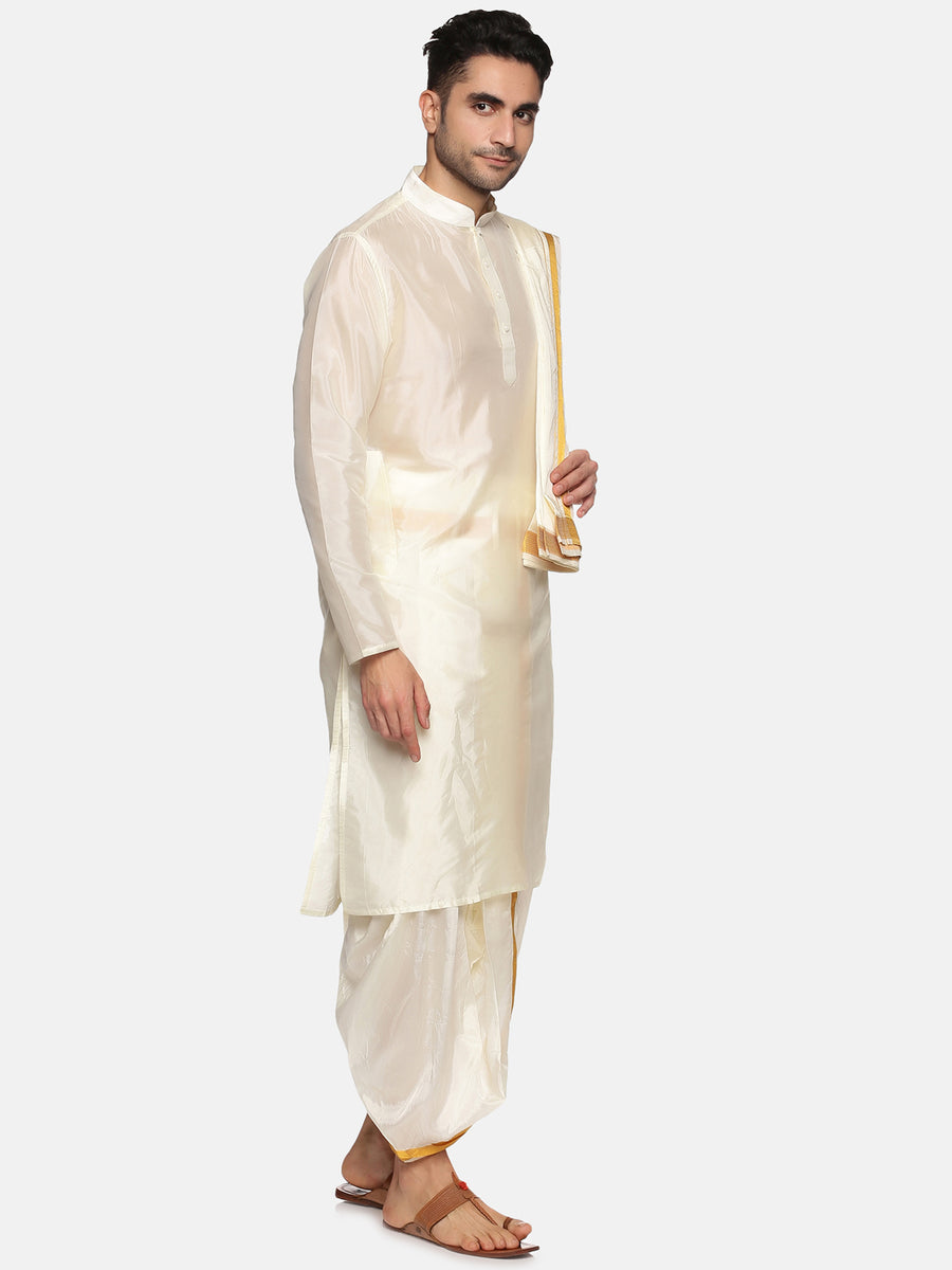 Men Cream Colour Art Silk Kurta Dhoti Pant Set.