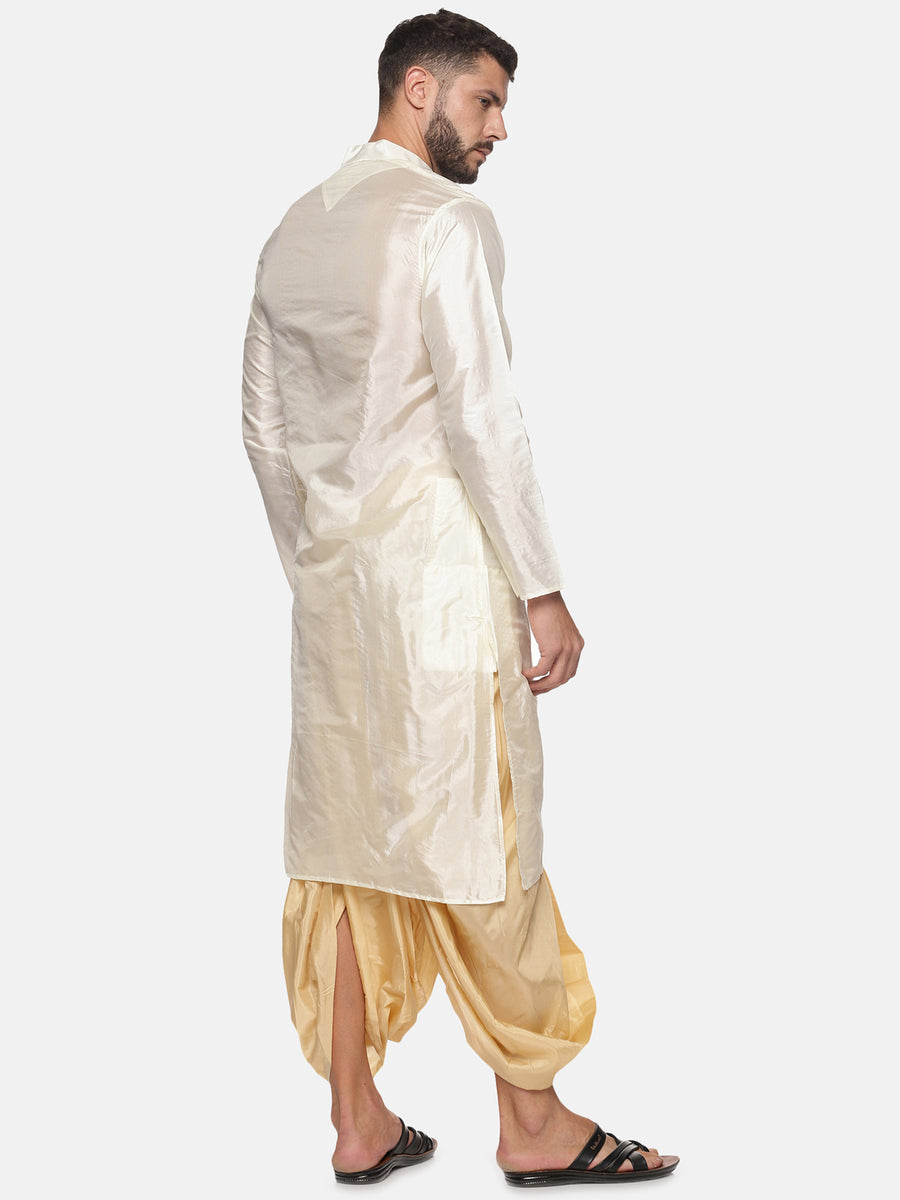 Men Biscuit Colour Art Silk Kurta Dhoti Pant Set.