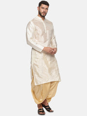 Men Biscuit Colour Art Silk Kurta Dhoti Pant Set.