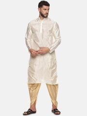 Men Biscuit Colour Art Silk Kurta Dhoti Pant Set