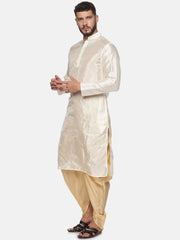 Men Biscuit Colour Art Silk Kurta Dhoti Pant Set.