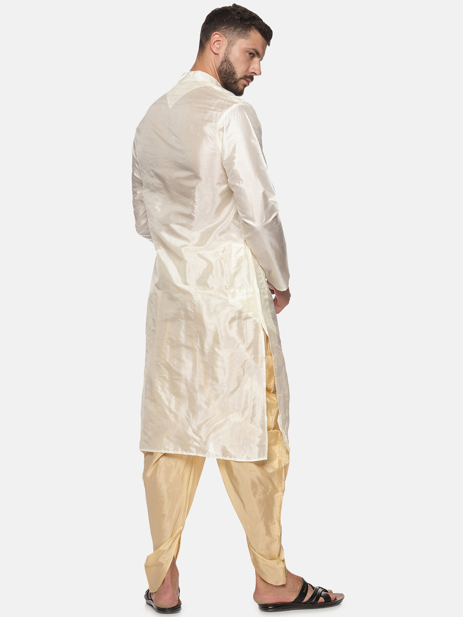 Men Biscuit Colour Art Silk Kurta Dhoti Pant Set.