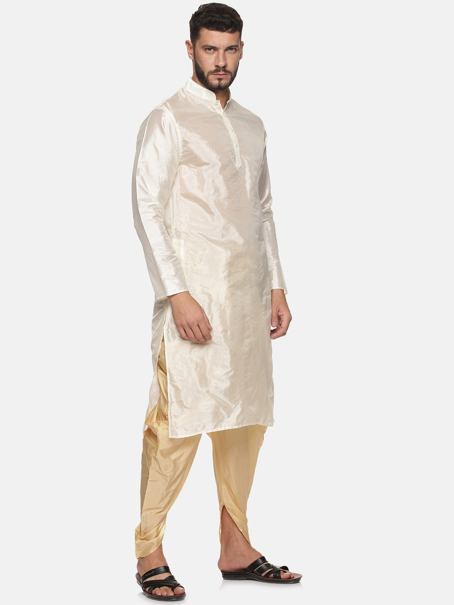 Men Biscuit Colour Art Silk Kurta Dhoti Pant Set.