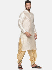 Men Biscuit Colour Art Silk Kurta Dhoti Pant Set.