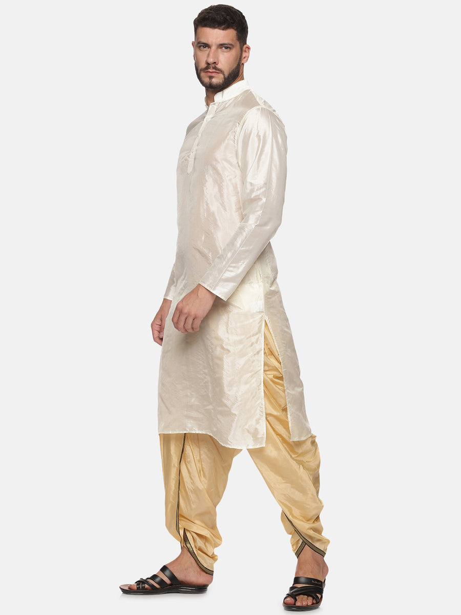 Men Biscuit Colour Art Silk Kurta Dhoti Pant Set.