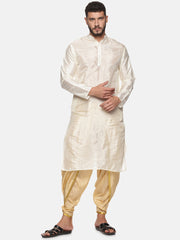 Men Biscuit Colour Art Silk Kurta Dhoti Pant Set