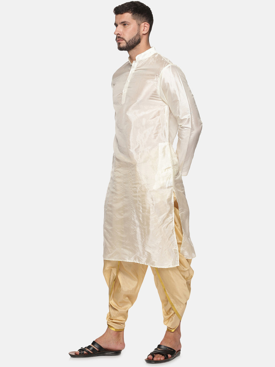 Men Biscuit Colour Art Silk Kurta Dhoti Pant Set.