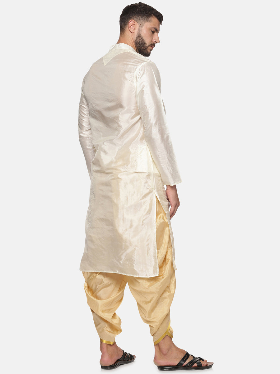 Men Biscuit Colour Art Silk Kurta Dhoti Pant Set.