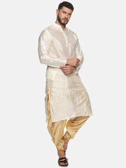 Men Biscuit Colour Art Silk Kurta Dhoti Pant Set.