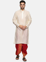 Men Maroon Colour Art Silk Kurta Dhoti Pant Set.