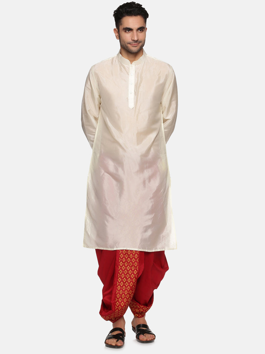 Men Maroon Colour Art Silk Kurta Dhoti Pant Set.