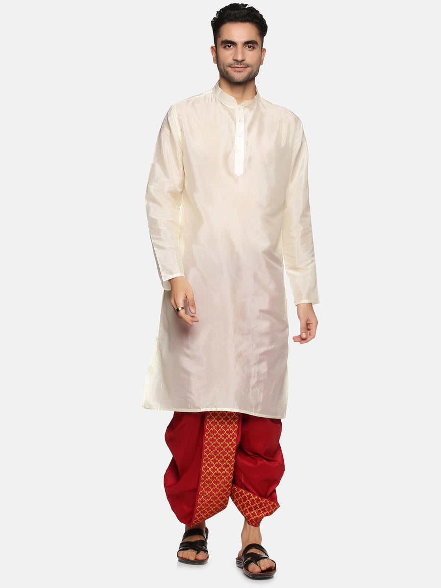 Men Maroon Colour Art Silk Kurta Dhoti Pant Set.