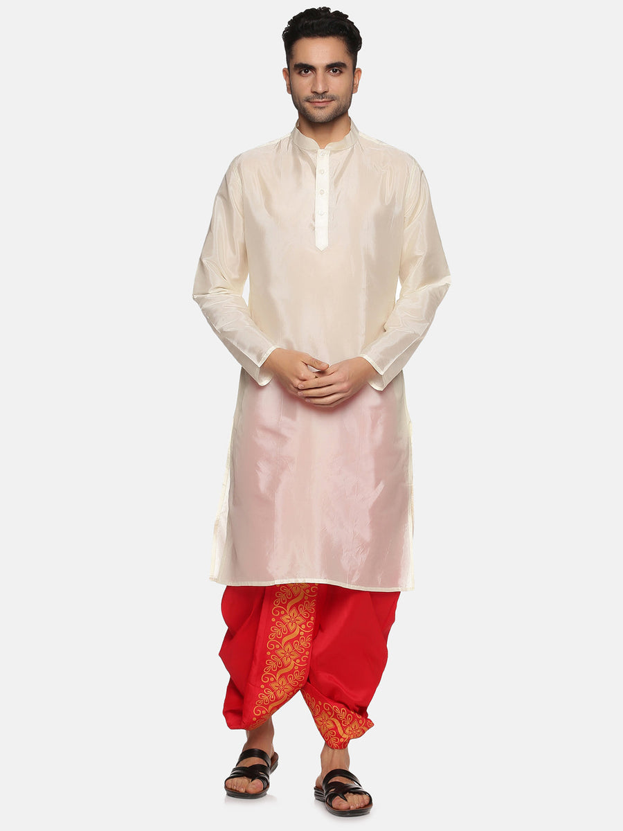 Men Red Colour Art Silk Kurta Dhoti Pant Set.