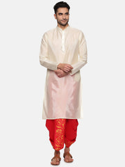 Men Red Colour Art Silk Kurta Dhoti Pant Set.