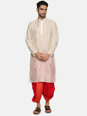 Men Red Colour Art Silk Kurta Dhoti Pant Set