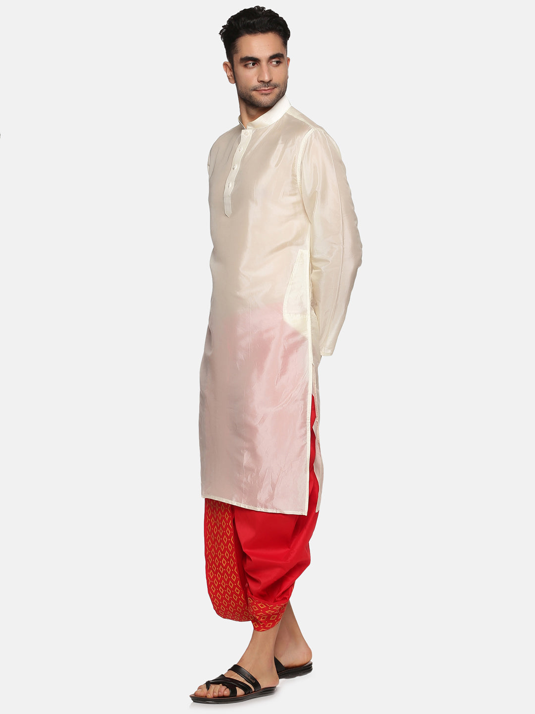 Men Red Colour Art Silk Kurta Dhoti Pant Set.