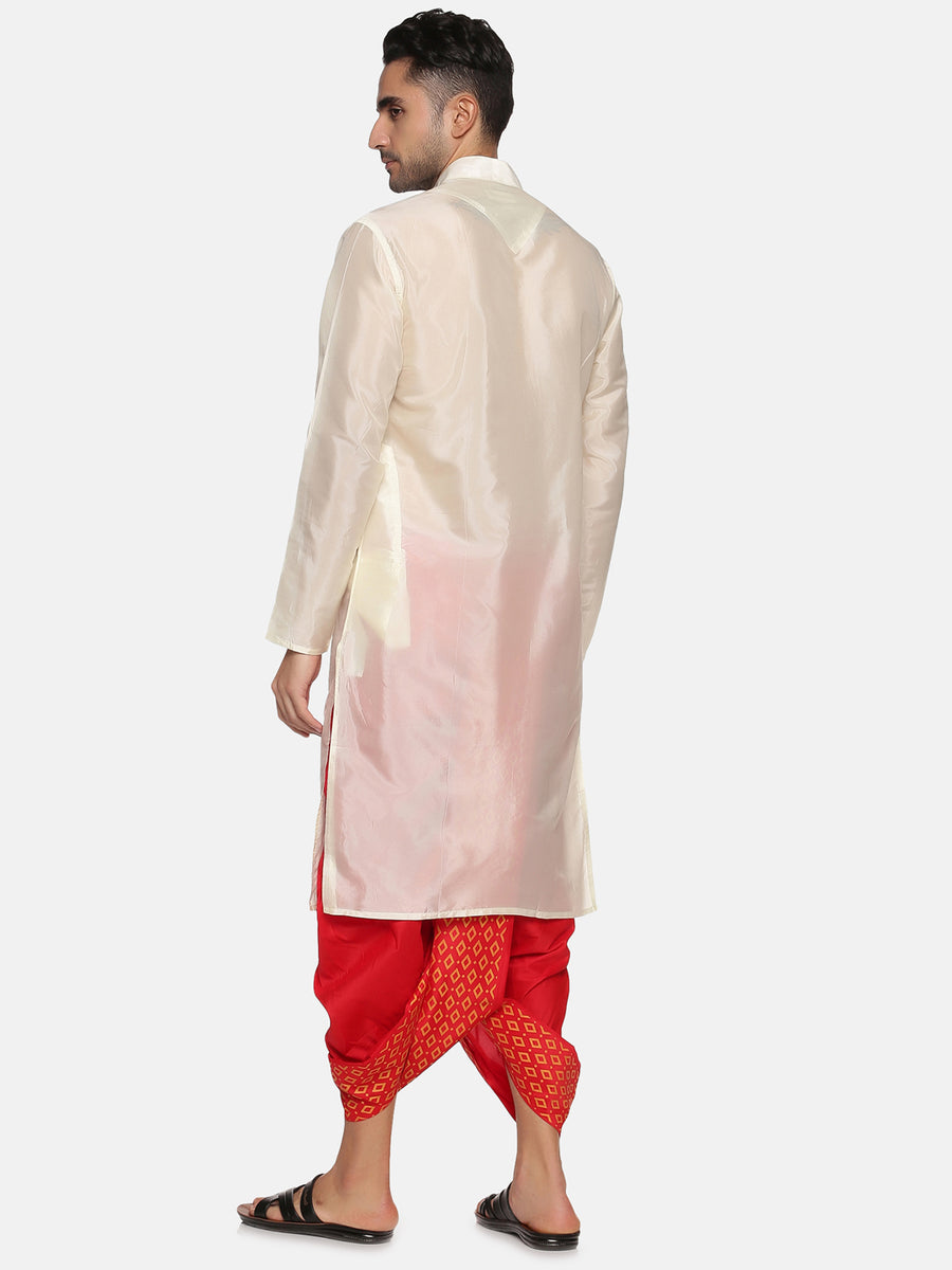 Men Red Colour Art Silk Kurta Dhoti Pant Set.