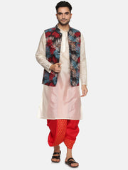 Men Red Colour Art Silk Kurta Dhoti Pant Set.