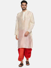 Men Red Colour Art Silk Kurta Dhoti Pant Set.