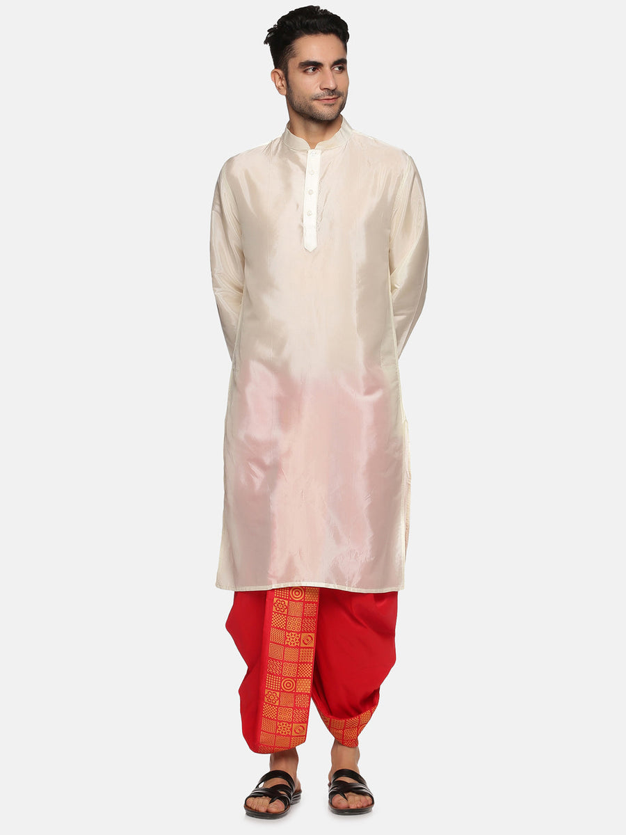 Men Red Colour Art Silk Kurta Dhoti Pant Set.