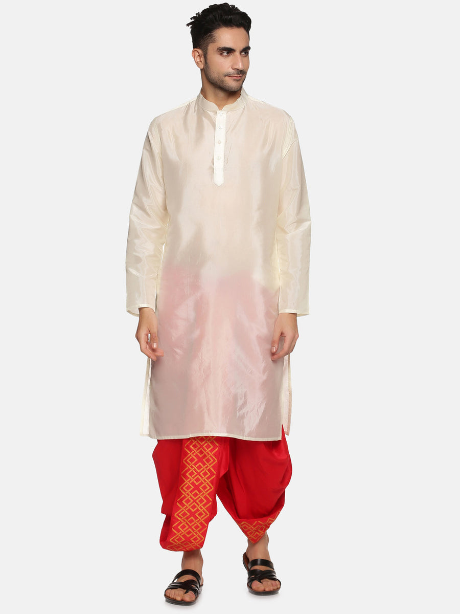 Men Red Colour Art Silk Kurta Dhoti Pant Set.