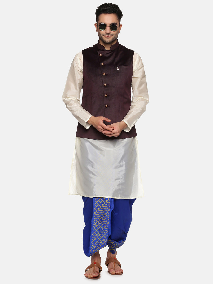 Men Blue Colour Art Silk Kurta Dhoti Pant Set.