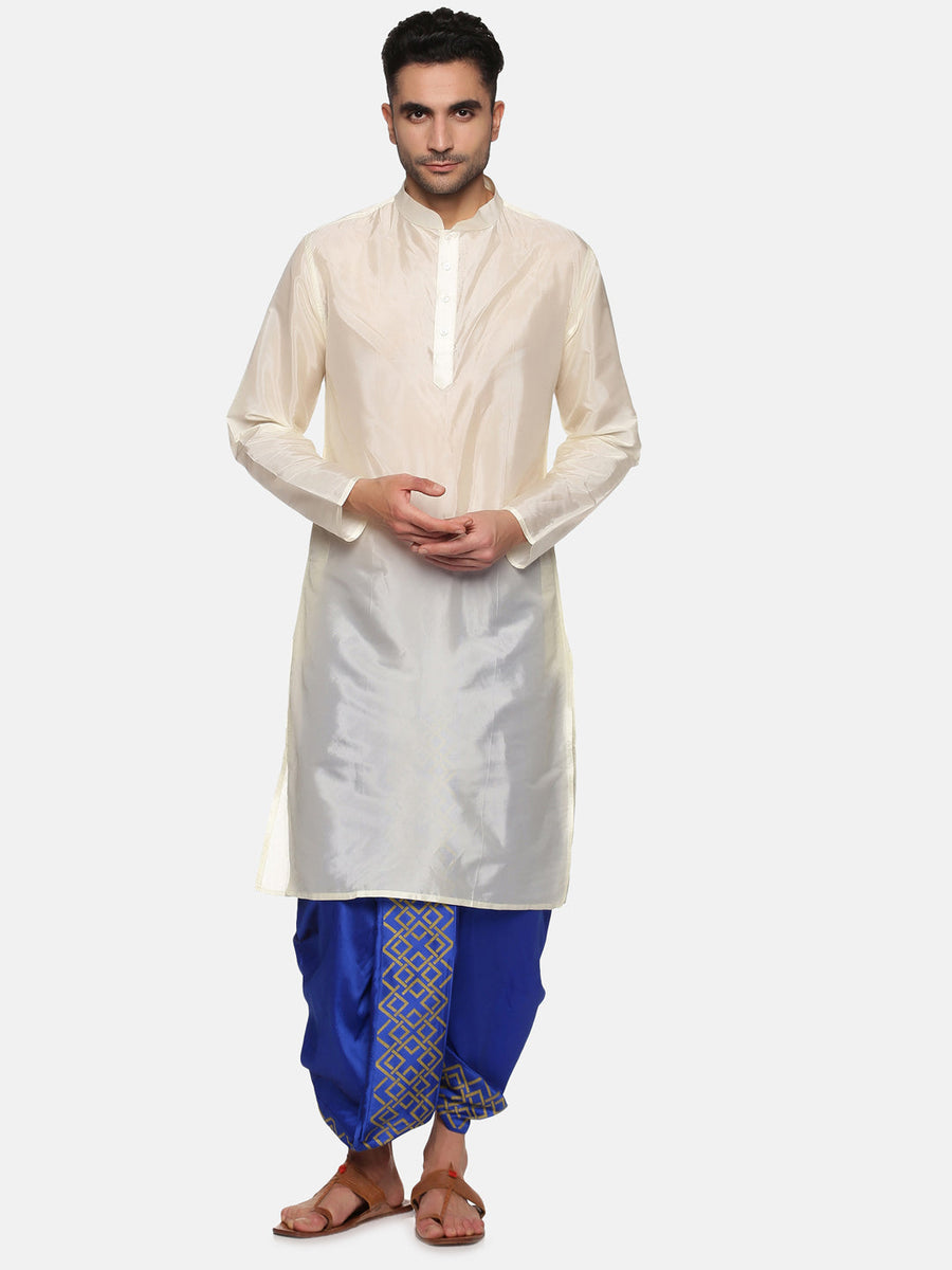 Men Blue Colour Art Silk Kurta Dhoti Pant Set.