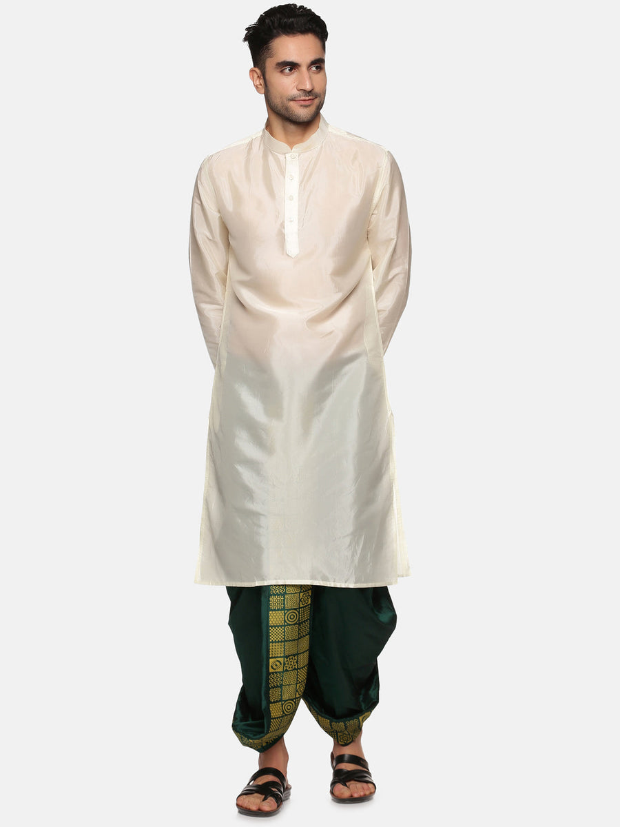 Men Green Colour Art Silk Kurta Dhoti Pant Set.