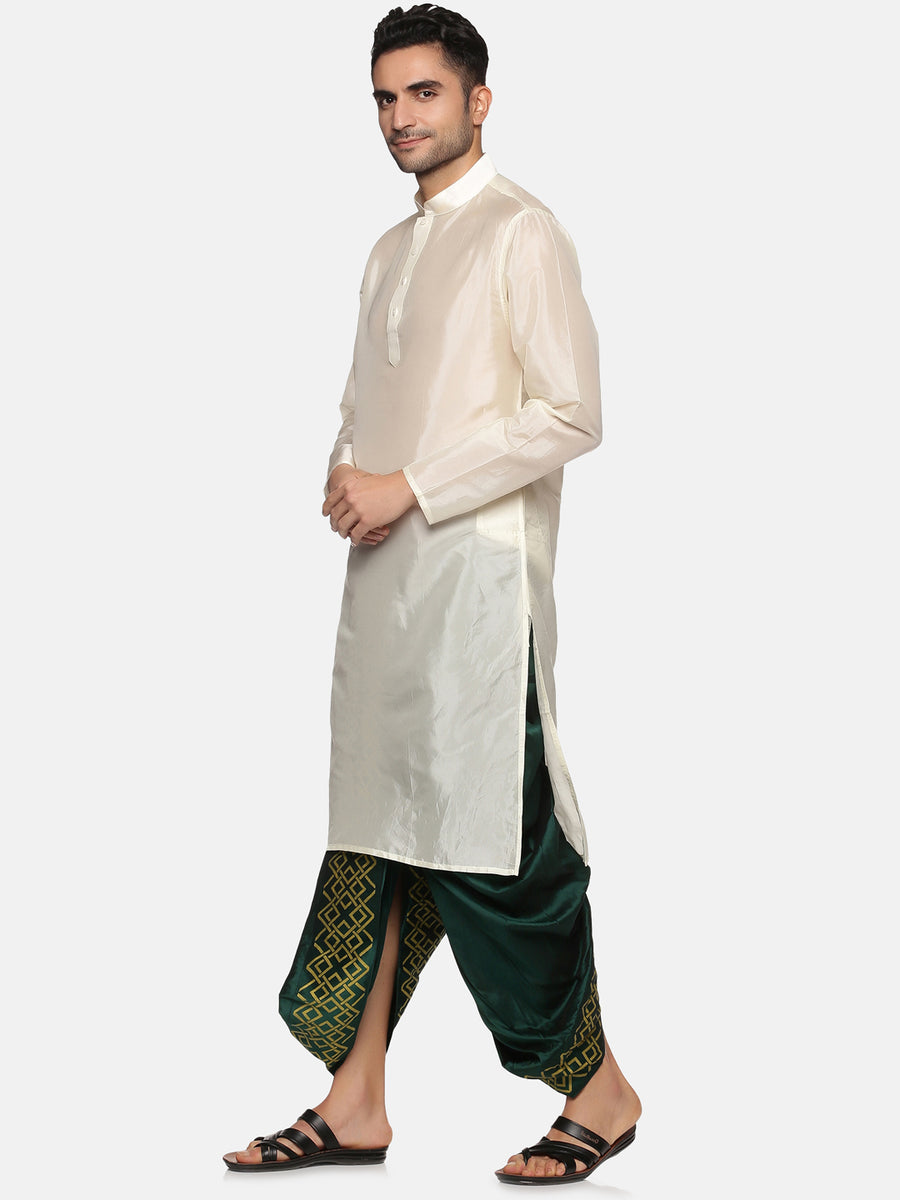 Men Green Colour Art Silk Kurta Dhoti Pant Set.