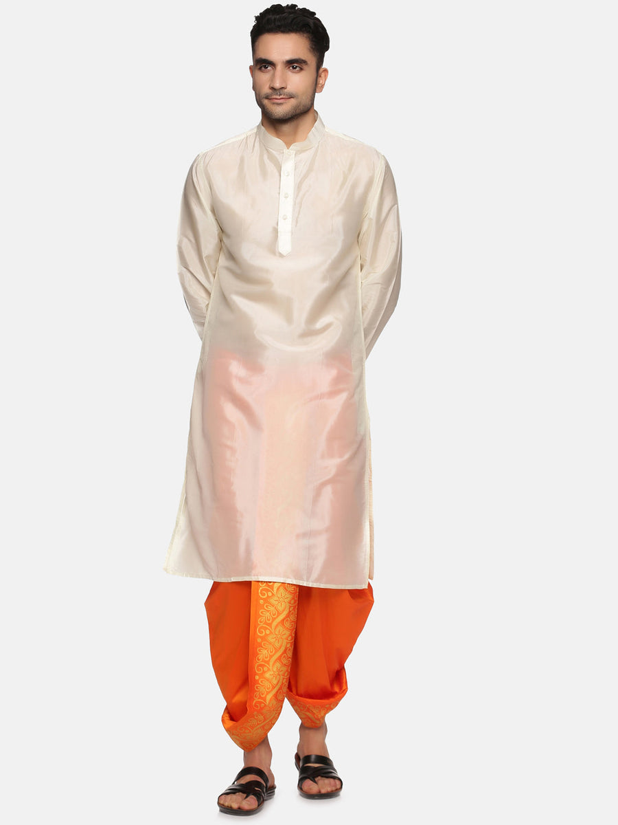 Men Orange Colour Art Silk Kurta Dhoti Pant Set.