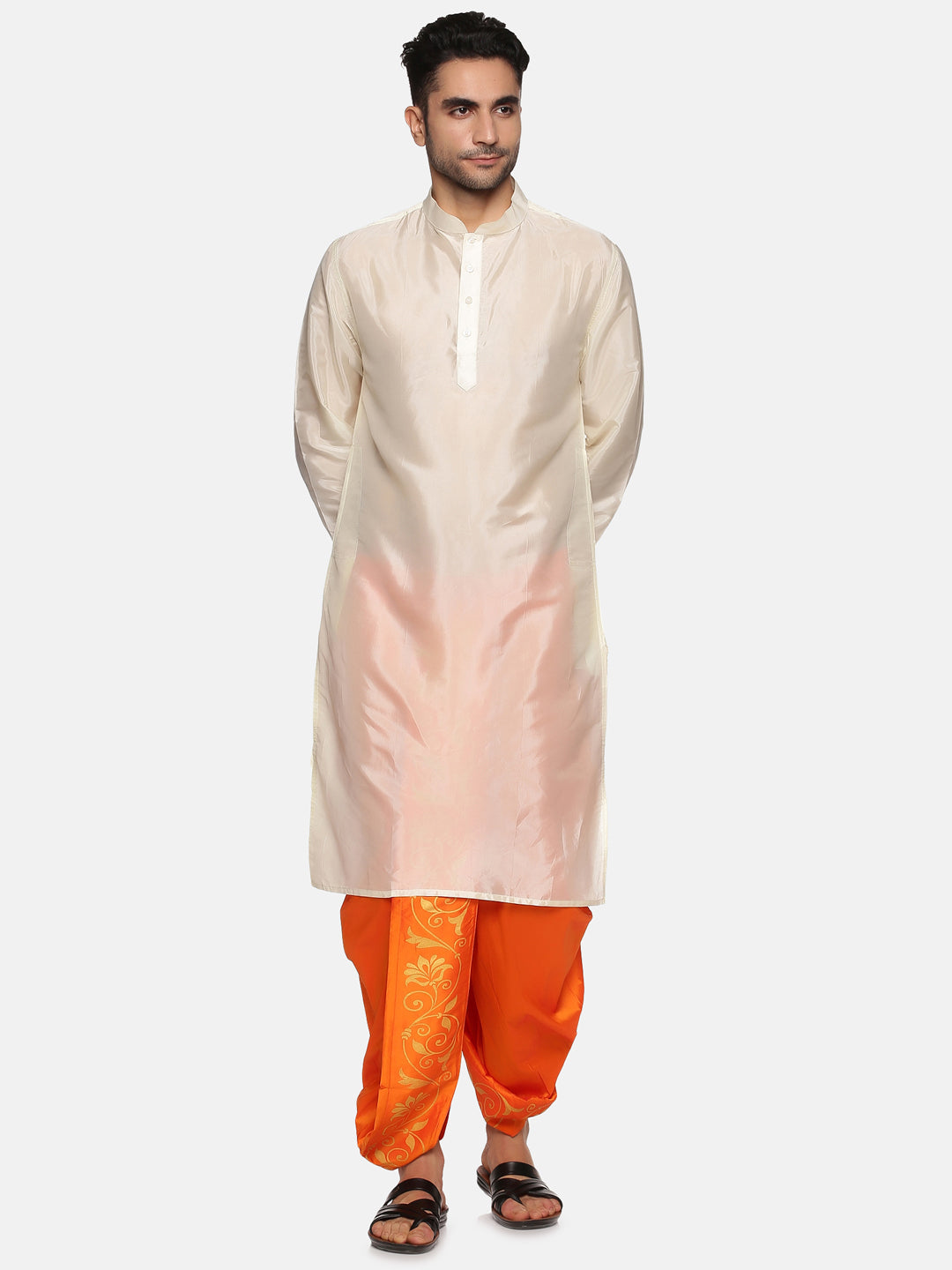 Men Orange Colour Art Silk Kurta Dhoti Pant Set