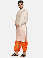 Men Orange Colour Art Silk Kurta Dhoti Pant Set.