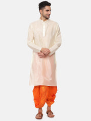 Men Orange Colour Art Silk Kurta Dhoti Pant Set.