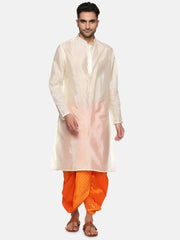 Men Orange Colour Art Silk Kurta Dhoti Pant Set.