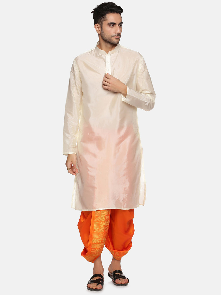 Men Orange Colour Art Silk Kurta Dhoti Pant Set.