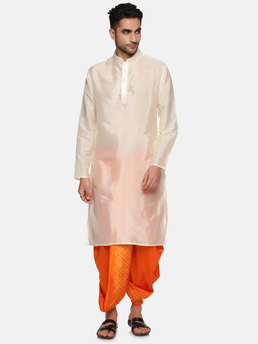 Men Orange Colour Art Silk Kurta Dhoti Pant Set.