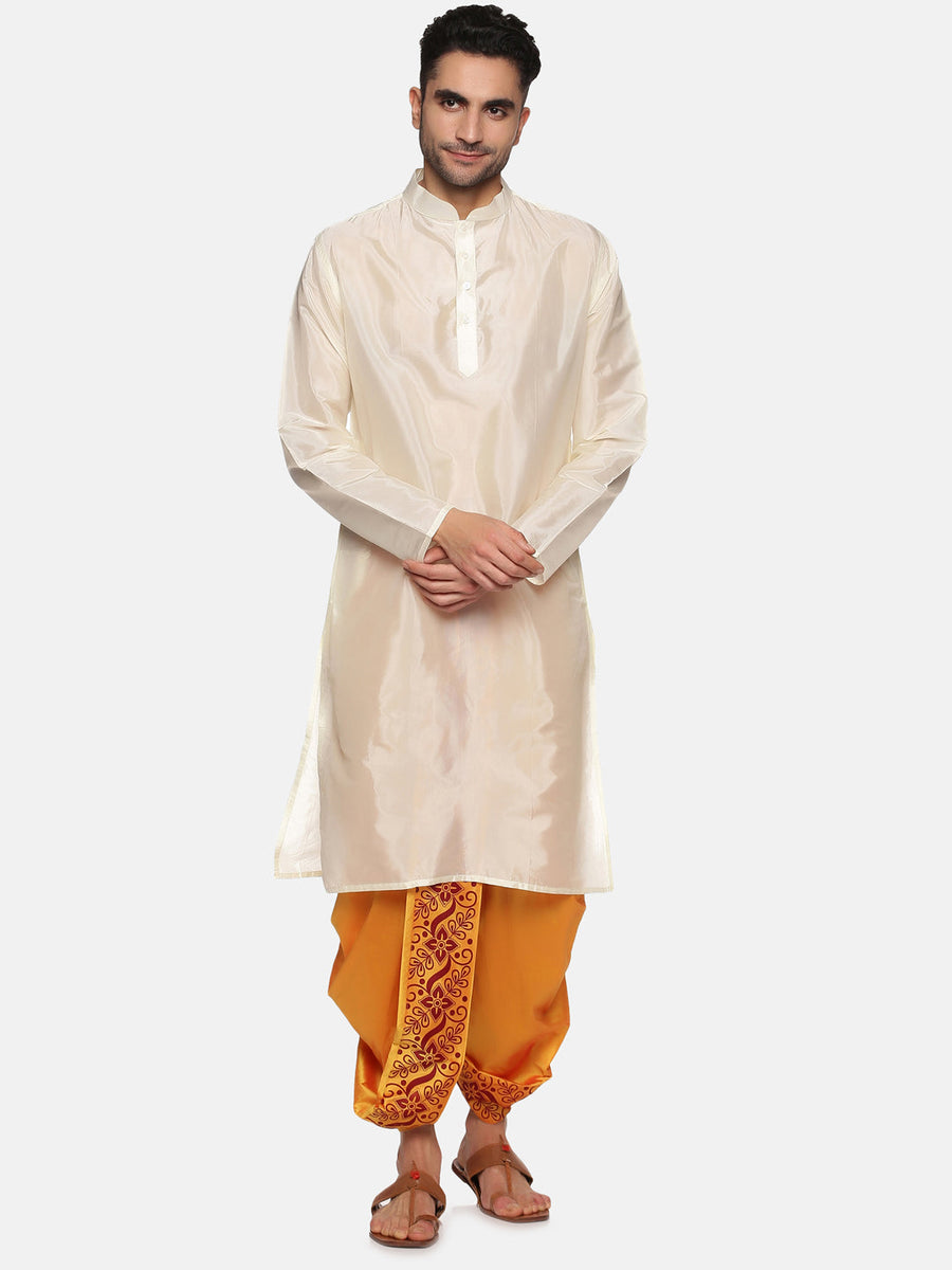 Men Yellow Colour Art Silk Kurta Dhoti Pant Set