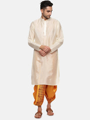 Men Yellow Colour Art Silk Kurta Dhoti Pant Set