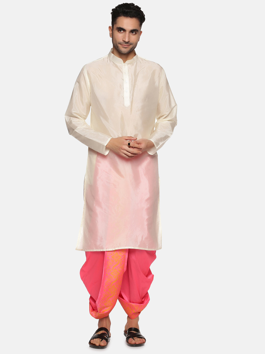 Men Pink Colour Art Silk Kurta Dhoti Pant Set