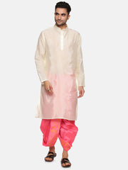 Men Pink Colour Art Silk Kurta Dhoti Pant Set.