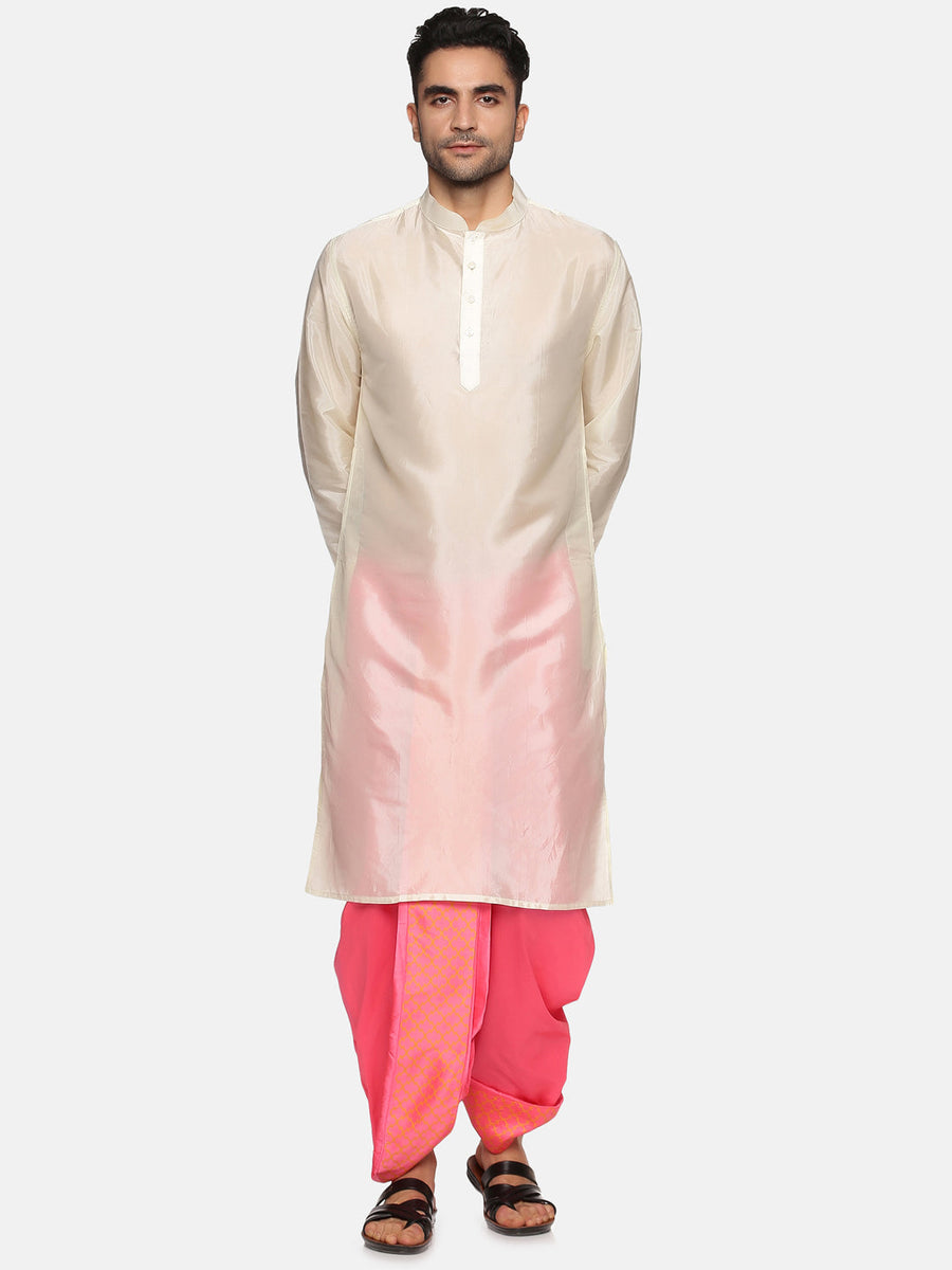 Men Pink Colour Art Silk Kurta Dhoti Pant Set.