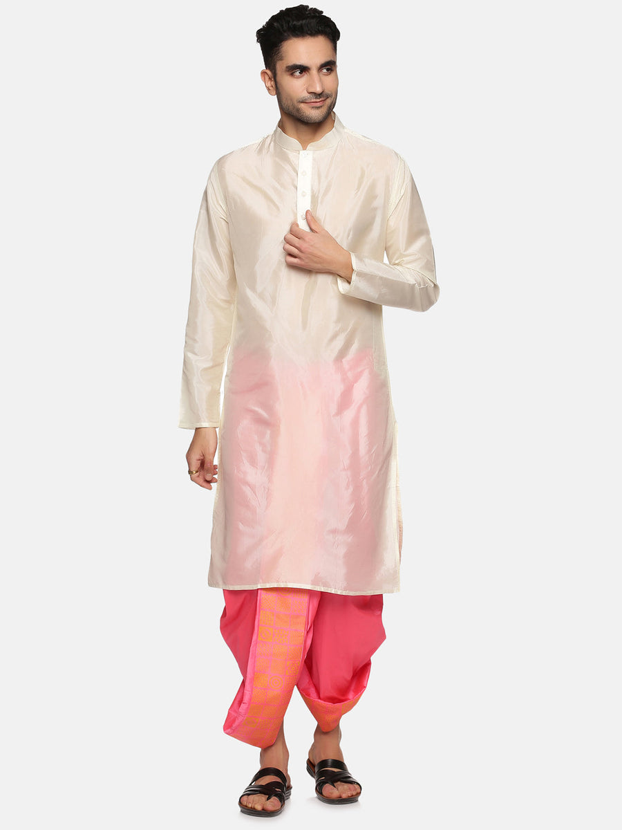 Men Pink Colour Art Silk Kurta Dhoti Pant Set.