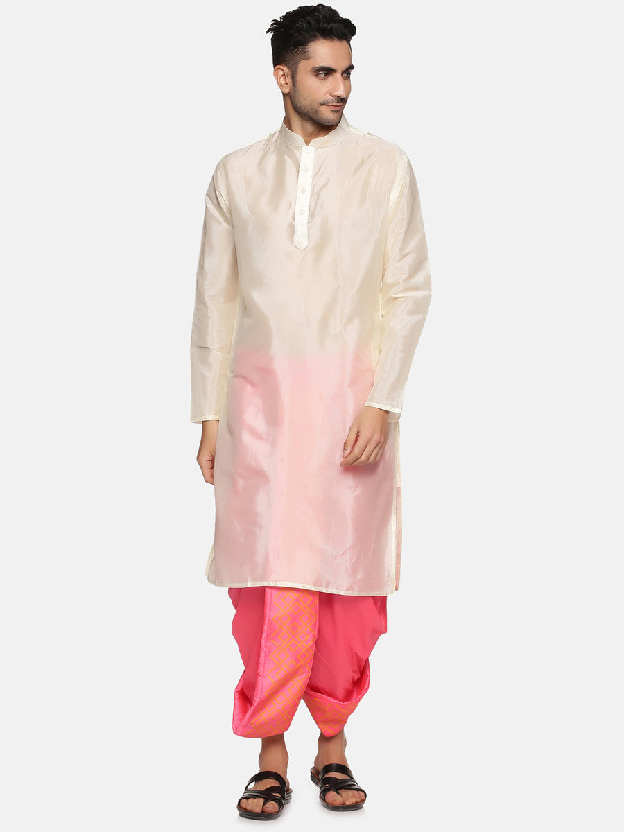 Men Pink Colour Art Silk Kurta Dhoti Pant Set.